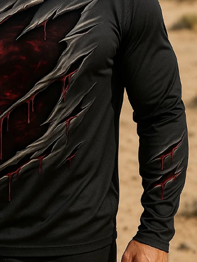 Men's Outdoor Sun Protection Breathable Cool Real 3D Printed Mask Hooded Sun Protection Long-Sleeved Top