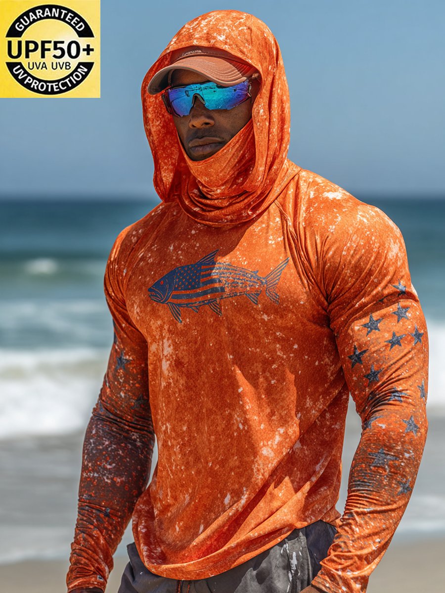 Men's Outdoor Sun Protection Breathable Cool Face Mask Hooded Printed Long-Sleeved Top