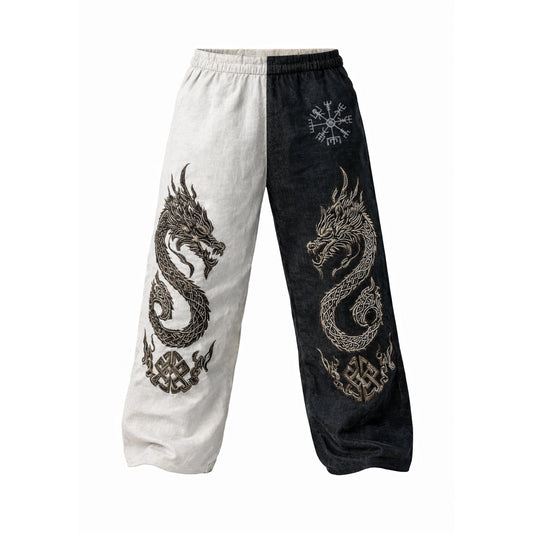 Viking Twin Dragon Totem Classic Rune Celtic Knot Patchwork Print Cotton-Linen Pants