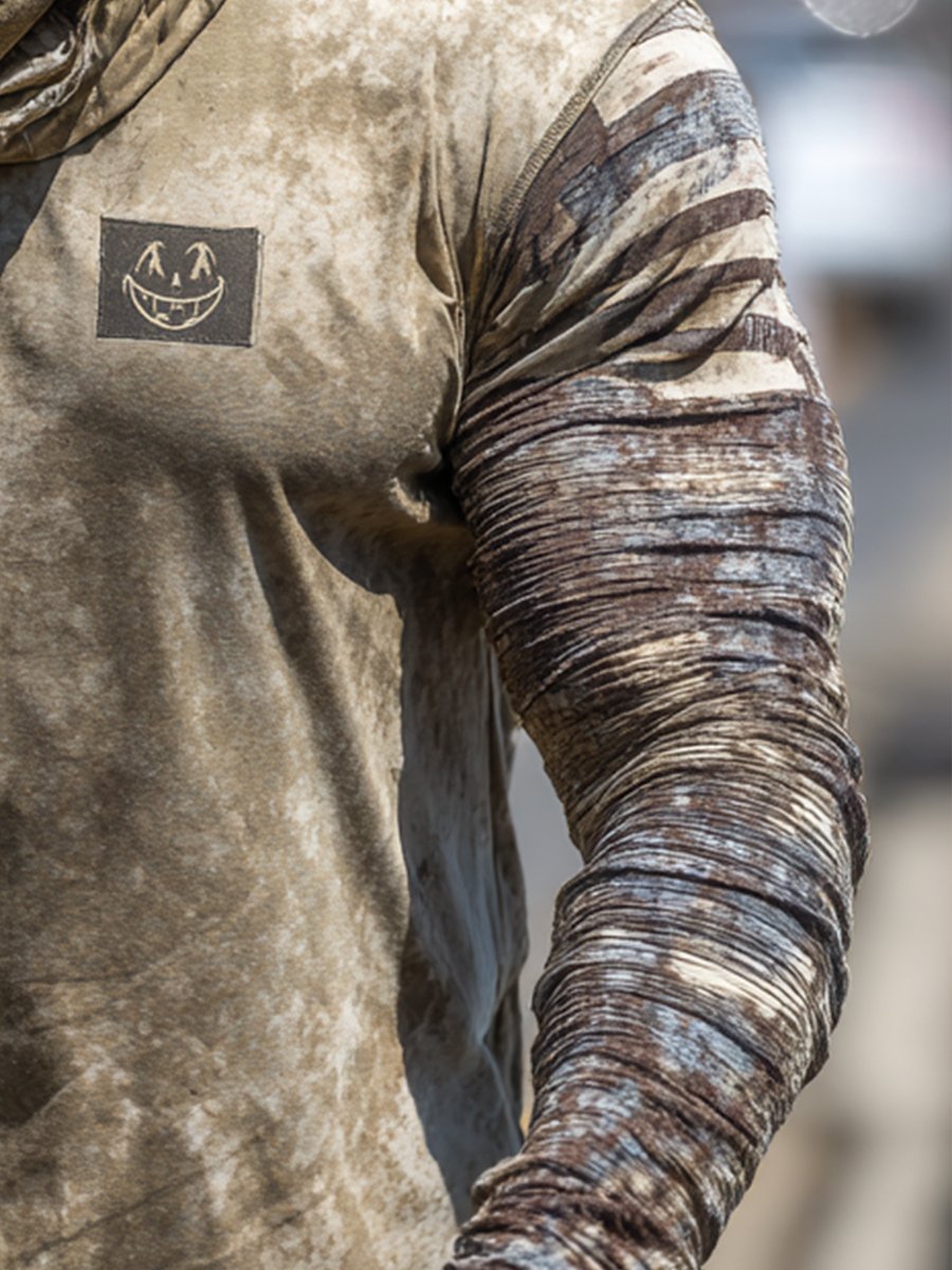 Men's Retro Khaki Logo Outdoor Sun Protection Breathable Cooling Mask Hooded Sun Protection Long Sleeve Top