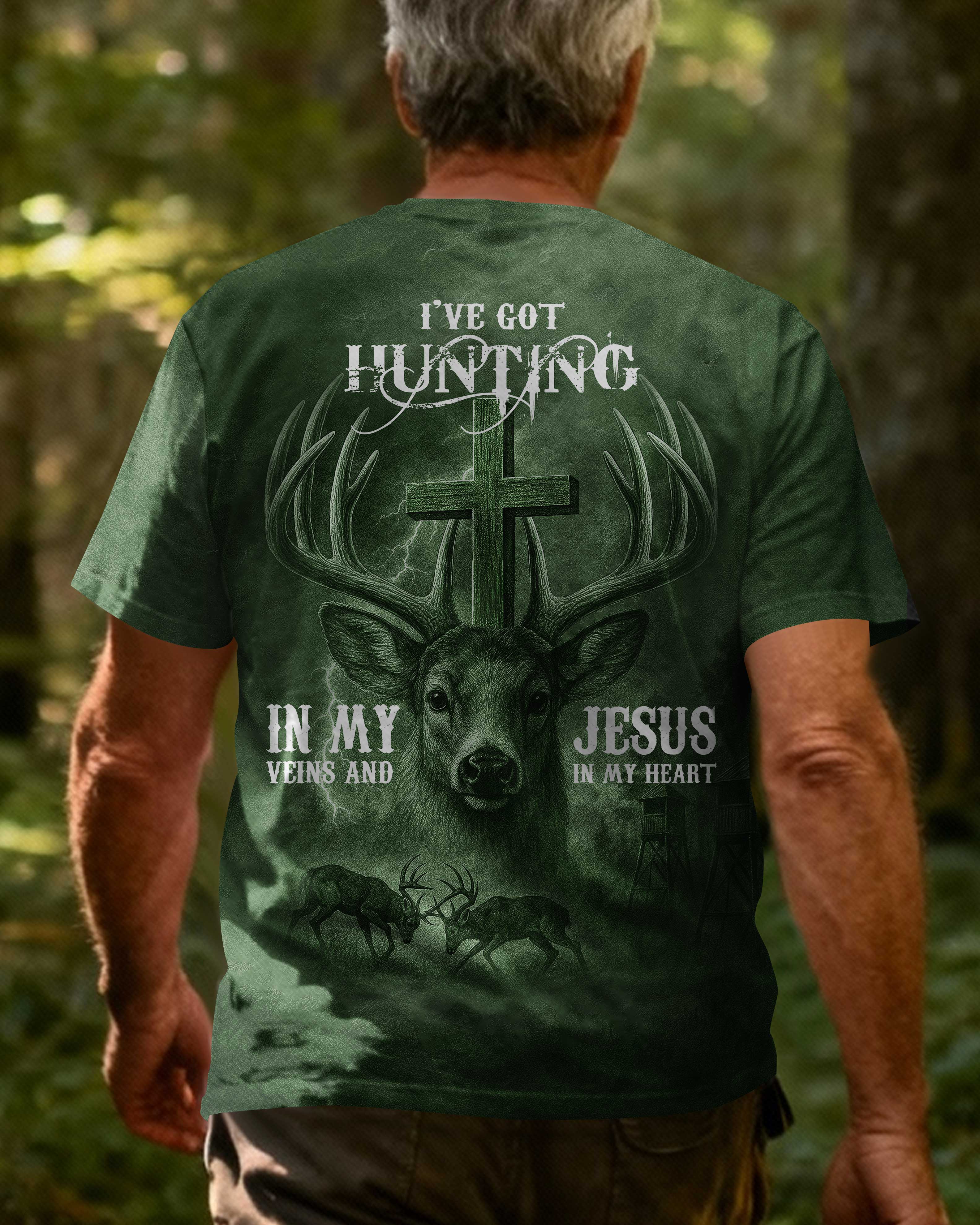 I've Got Hunting In My Veins And Jesus In My Heart Green T-Shirt