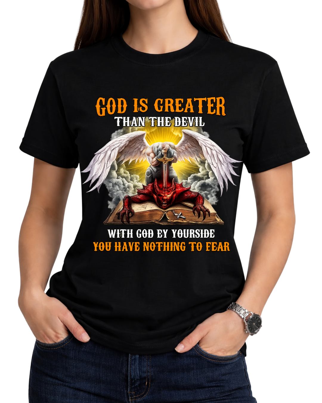 GOD IS GREATER THAN THE DEVIL WITH GOD BY YOURSIDE YOU HAVE NOTHING TO FEAR V-Neck T-Shirt
