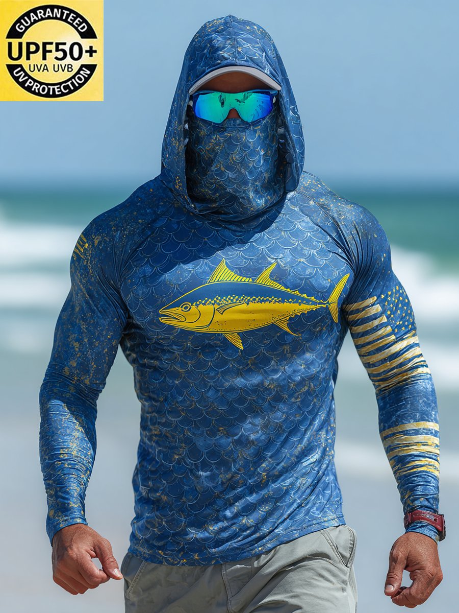 Men's Outdoor Sun Protection Breathable Cool Face Mask Hooded Printed Long-Sleeved Top