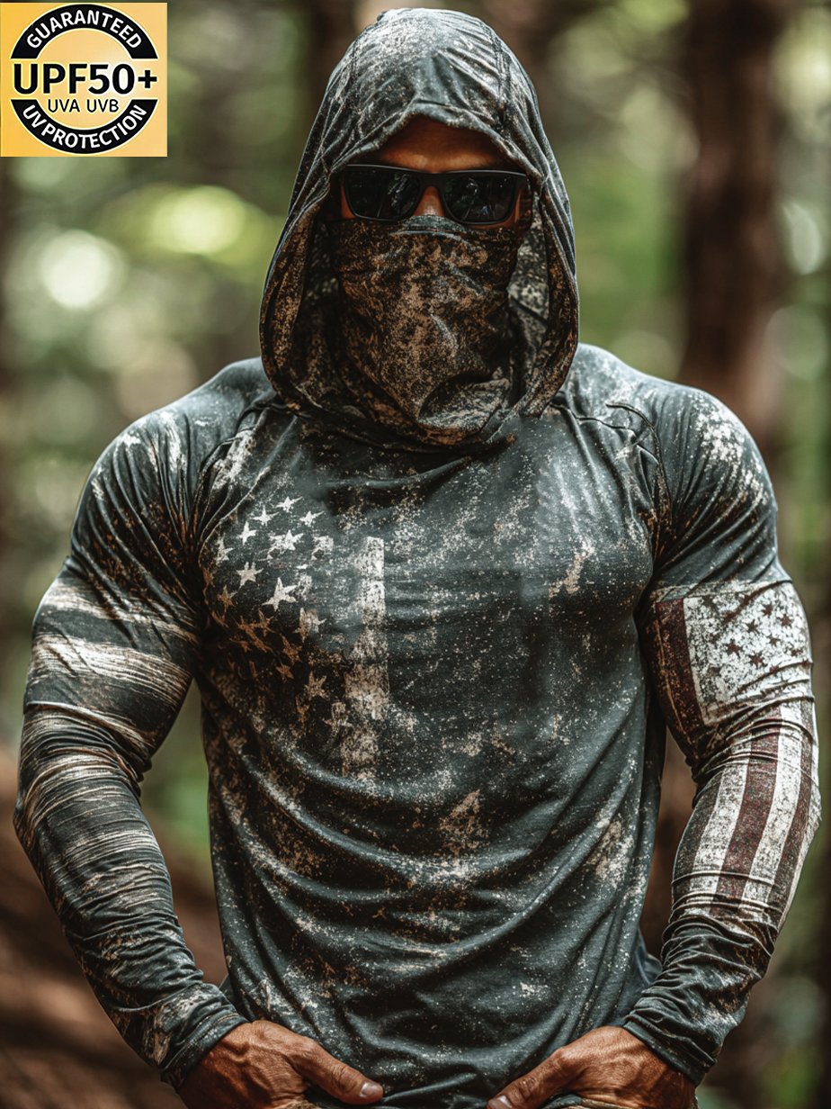 Men's Full Face Hood American Flag Camo Muscle Sun Shirt