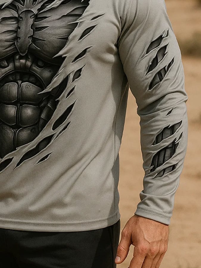 Men's Outdoor Sun Protection Breathable Cool Real 3D Printed Mask Hooded Sun Protection Long-Sleeved Top