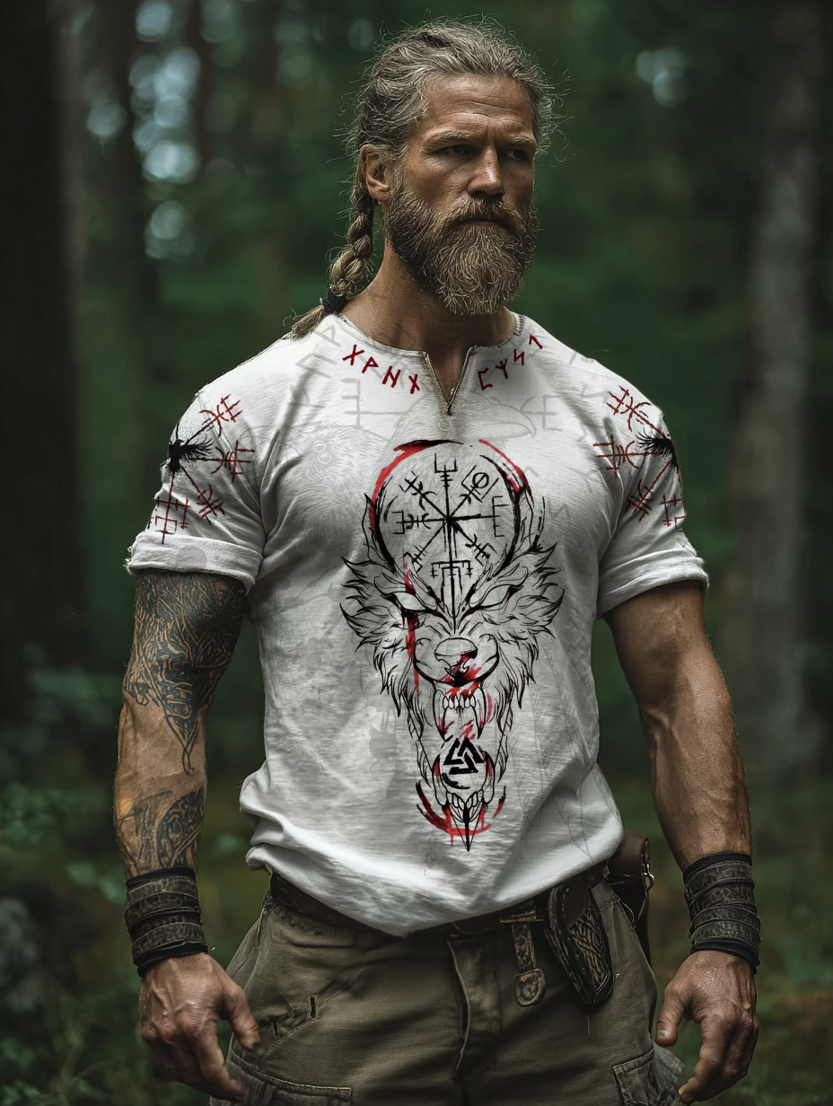 Men's Viking Nordic Wolf Blood Rune Totem Retro Shirt