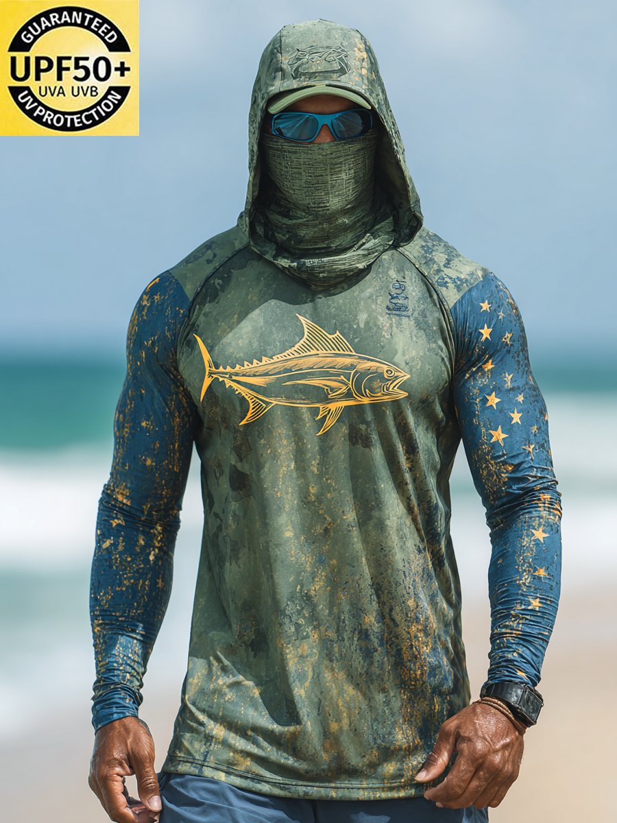 Men's Outdoor Sun Protection Breathable Cool Face Mask Hooded Printed Long-Sleeved Top