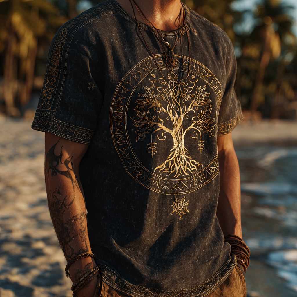 Men's Viking Mythology Nordic Tree Of Life Retro Coastal Yggdrasil T-Shirt