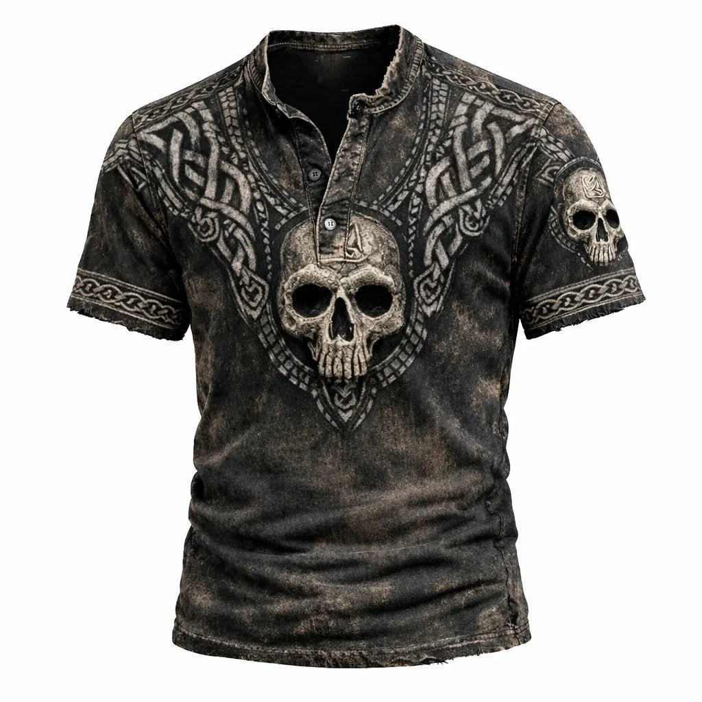 Men's 3D Skull Celtic Knot Henley Shirt - Distressed Washed Grunge Short Sleeve Top