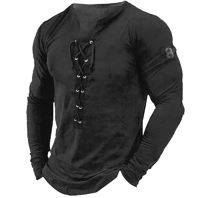 2024 New Men's Long Sleeve Henry Shirt Solid Color Lead Top Casual Beach Bottom Shirt Top