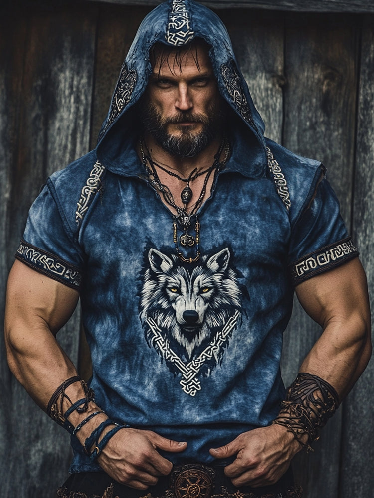 Men's Viking Wolf With Celtic Knot Art Tie-dye Retro Short Sleeve Hoodie