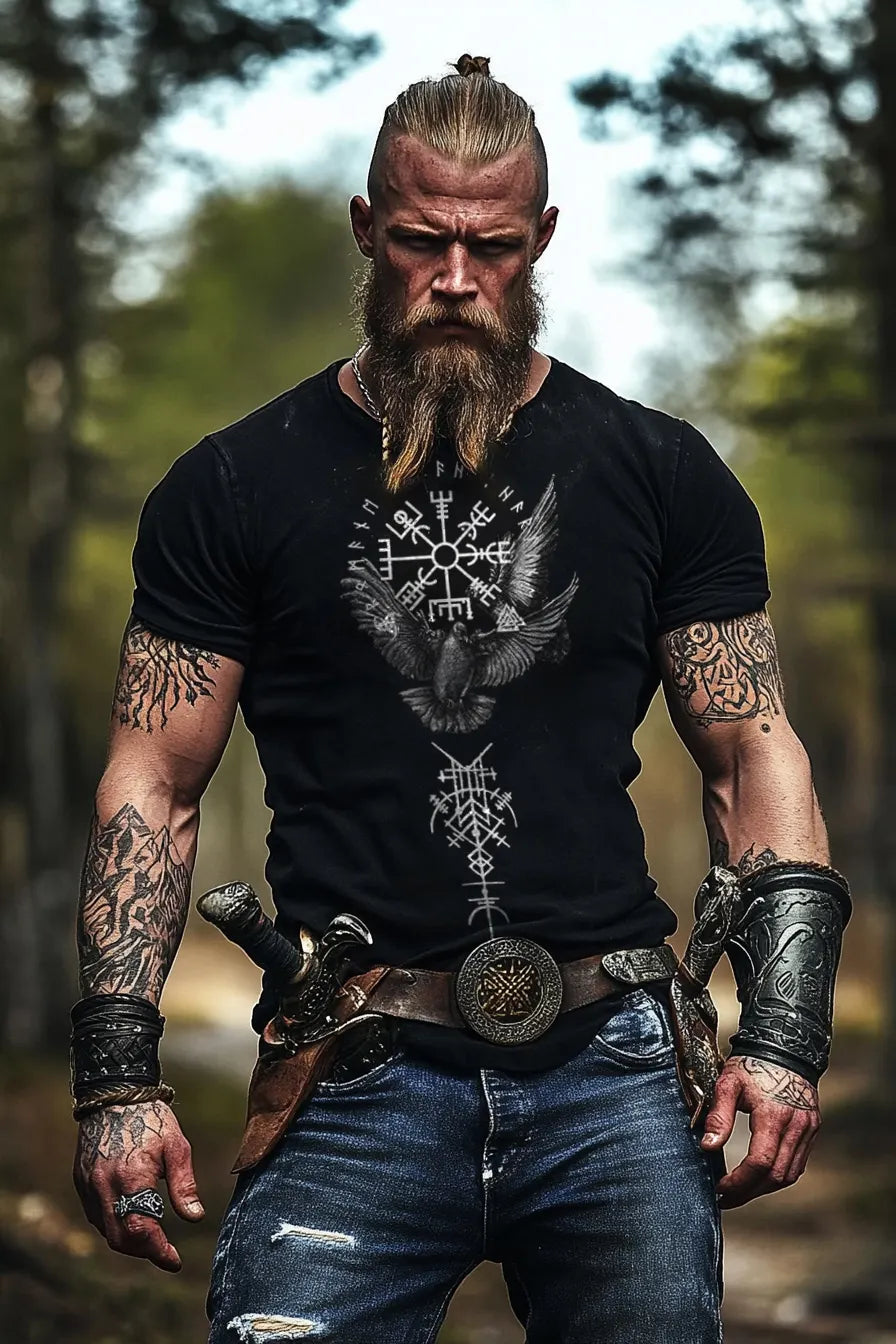 Viking Valhalla Tattoo Design Rune Pattern Print Short Sleeve