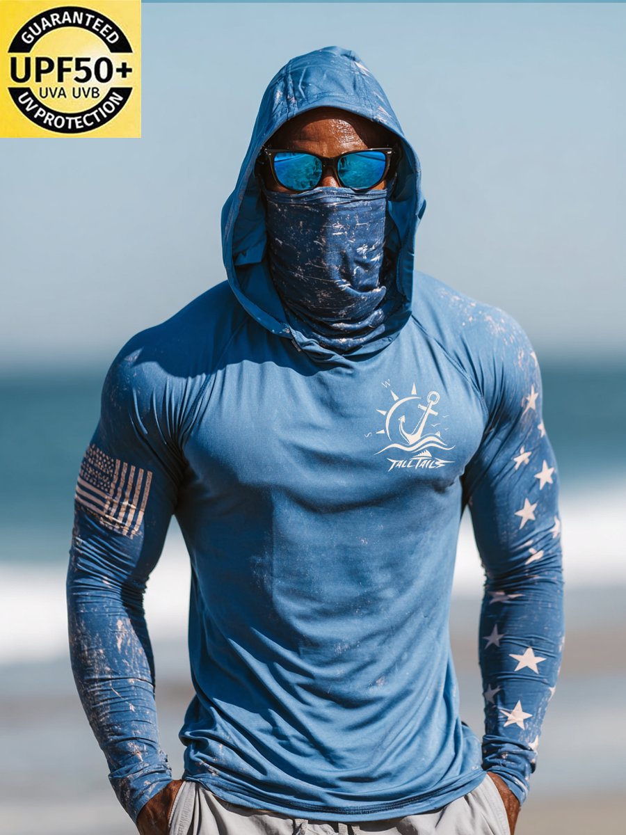 Men's Outdoor Sun Protection Breathable Cool Face Mask Hooded Printed Long-Sleeved Top