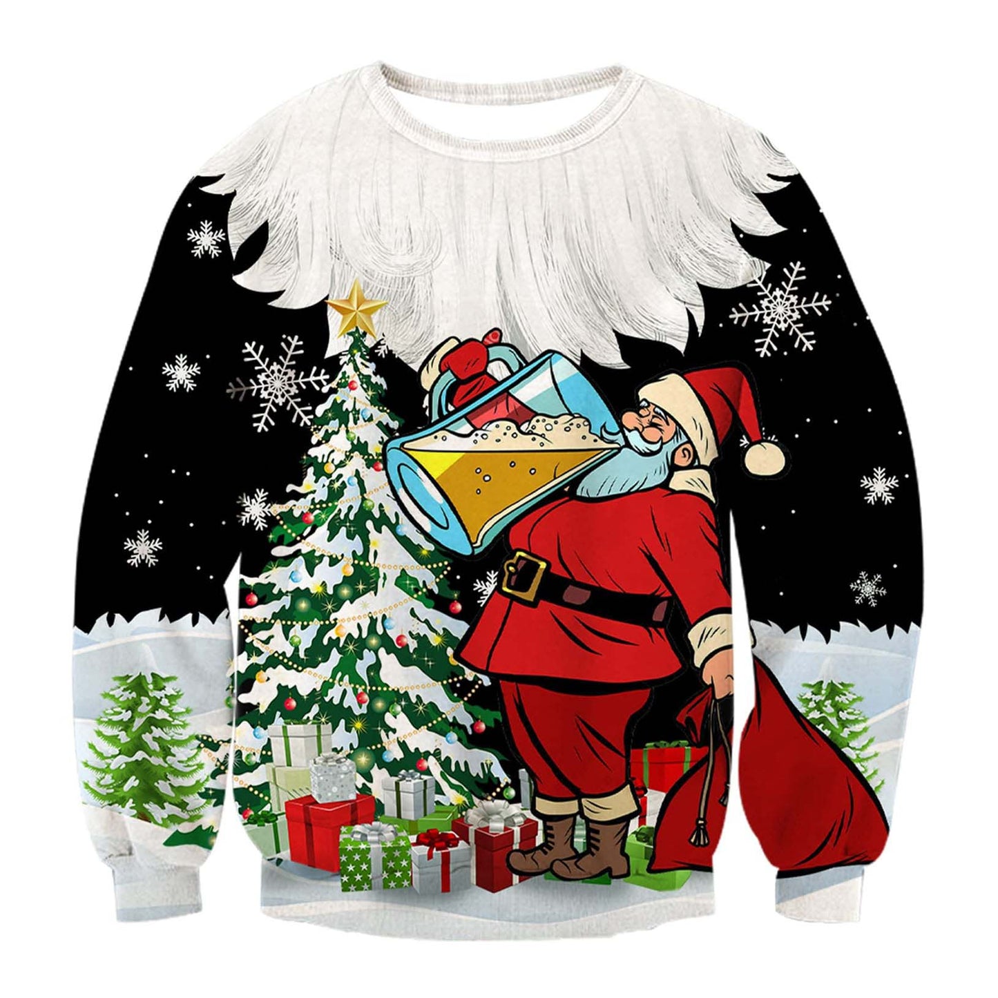 Unisex Santa Claus Drink Beer Print Crew Neck Ugly Christmas Sweatshirt