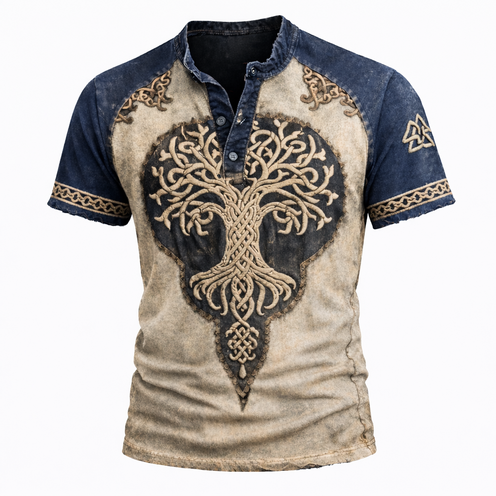 Men's Yggdrasil Henley Shirt - Celtic Distressed Two-Tone Short Sleeve Top