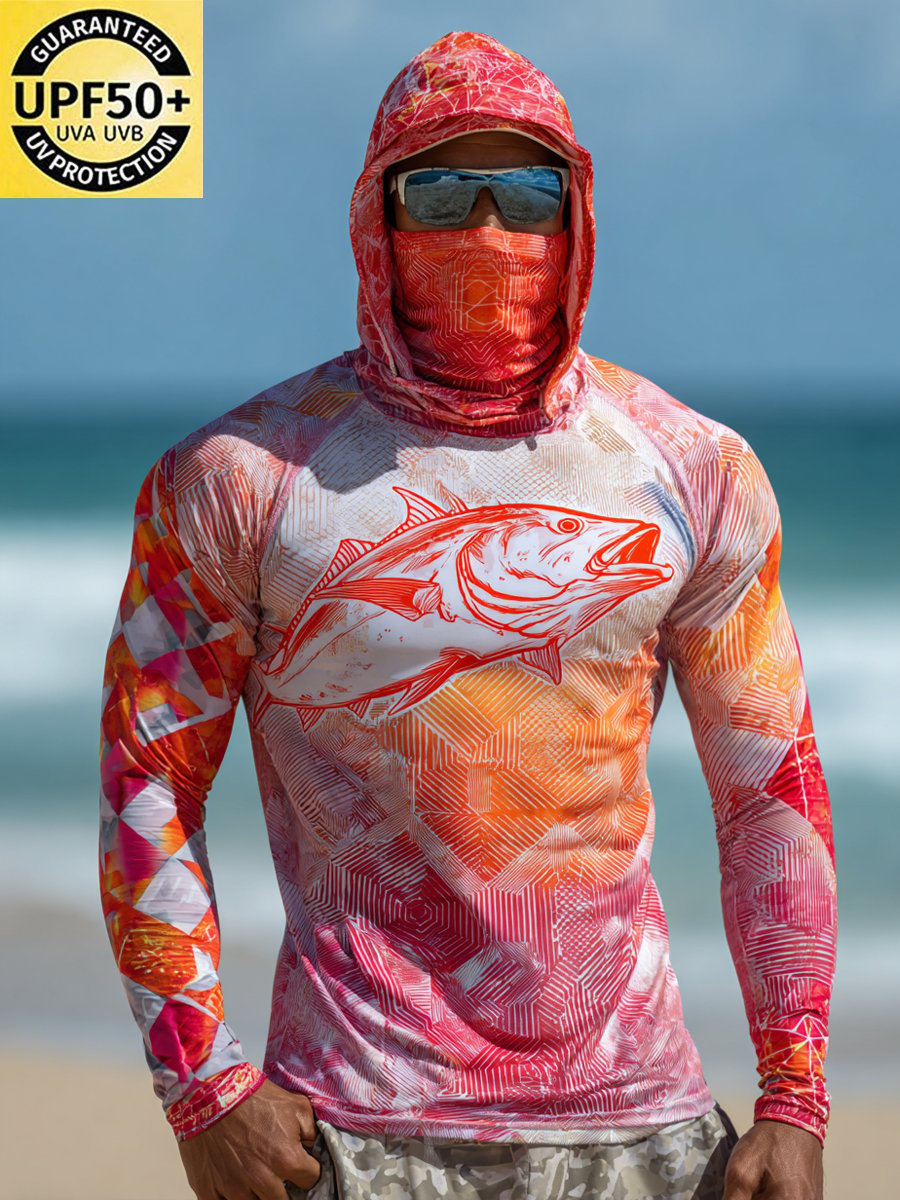 Men's Outdoor Sun Protection Breathable Cool Face Mask Hooded Printed Long-Sleeved Top