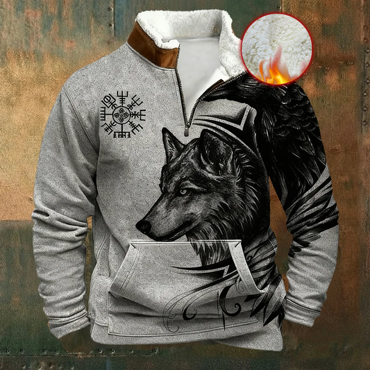 Celtic Winter Wolf Viking Style Sherpa Collar Half Zip Shirt