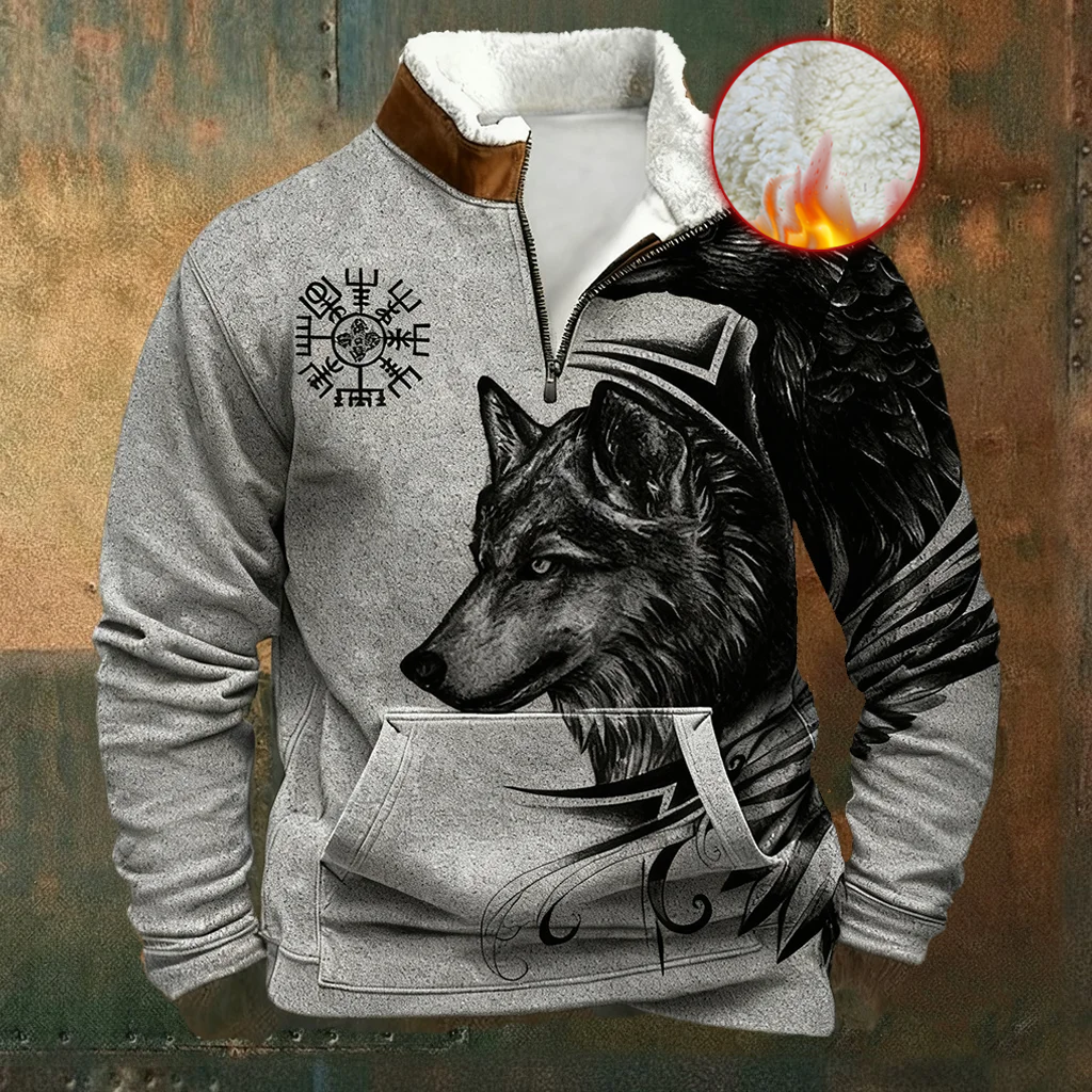 Celtic Winter Wolf Viking Style Sherpa Collar Half Zip Shirt
