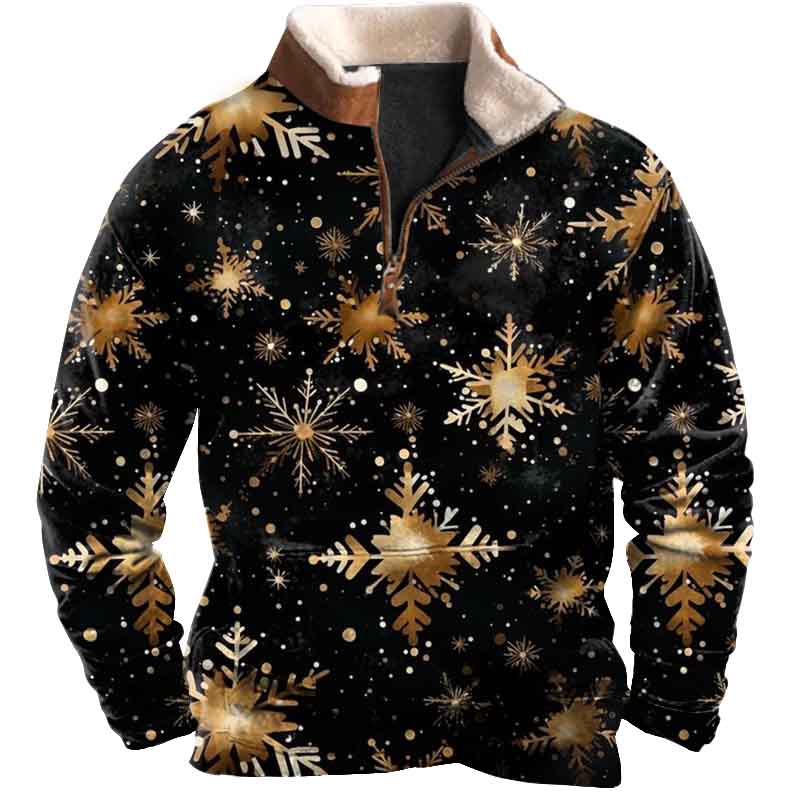 Men's Vintage Christmas Snowflake Print Fleece Collar Quarter Zip Stand Collar Sweatshirt