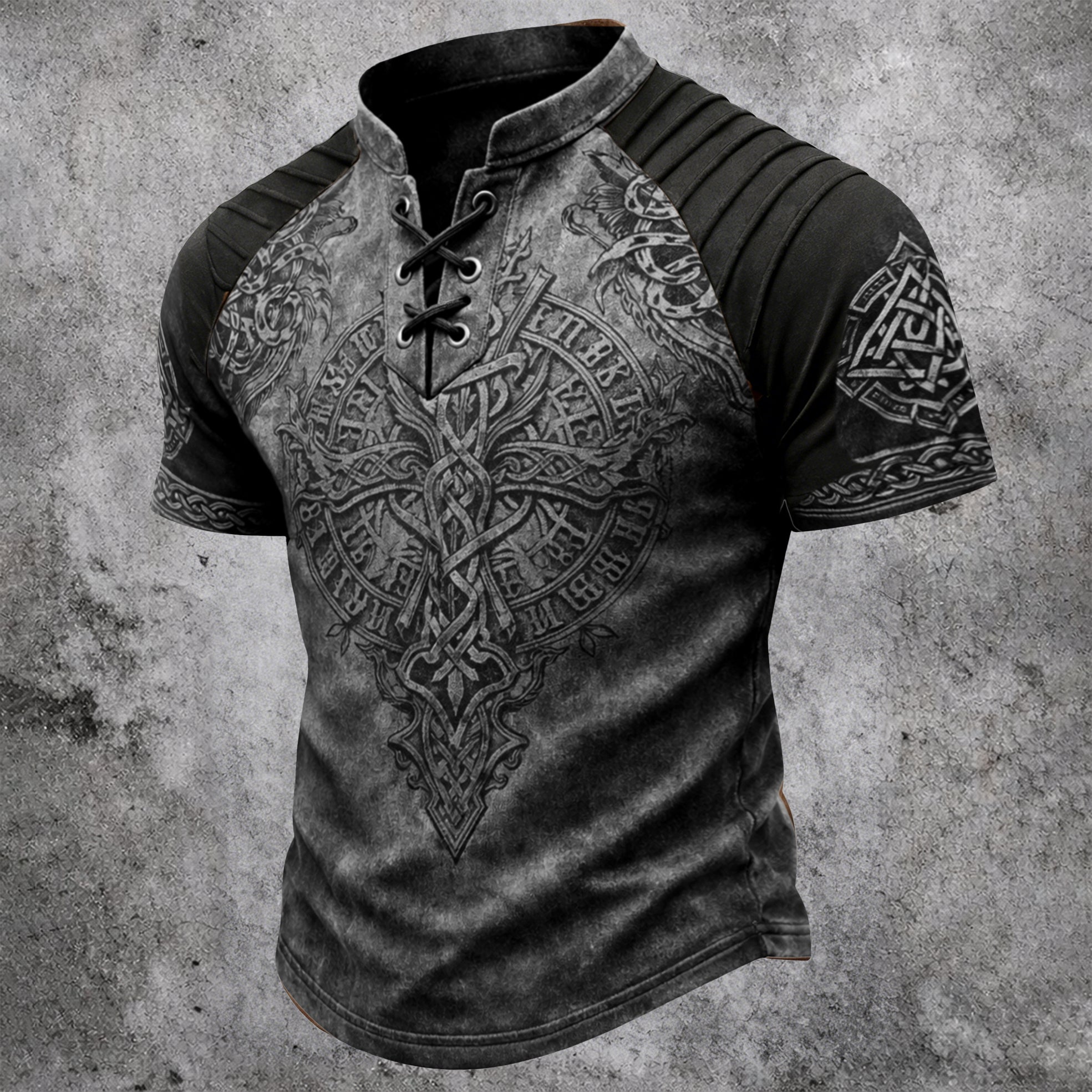 Men's Vintage Viking Celtic Knot Print T-Shirt - Lace-Up Stand Collar Distressed Short Sleeve Top