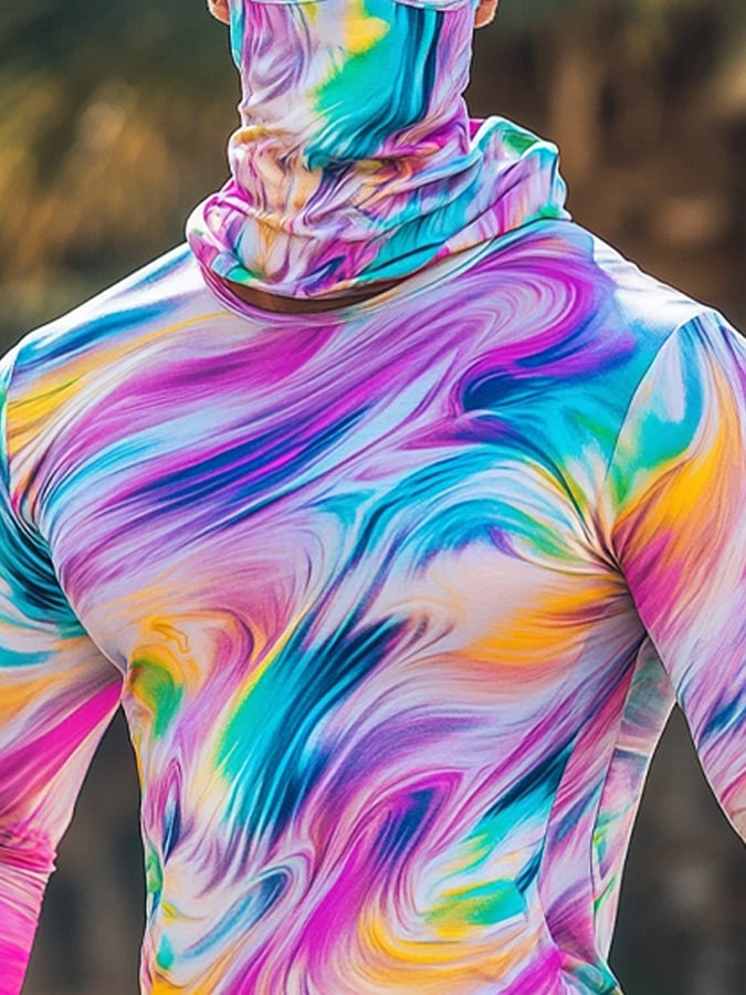 Men's Outdoor Sun Protection Breathable Cool Colorful Mask Hooded Sun Protection Long-Sleeved Top