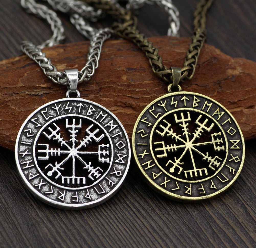 Nordic Viking Runavin Odin Logo Compass Pendant Necklace Men's Trendy Jewelry Long Style