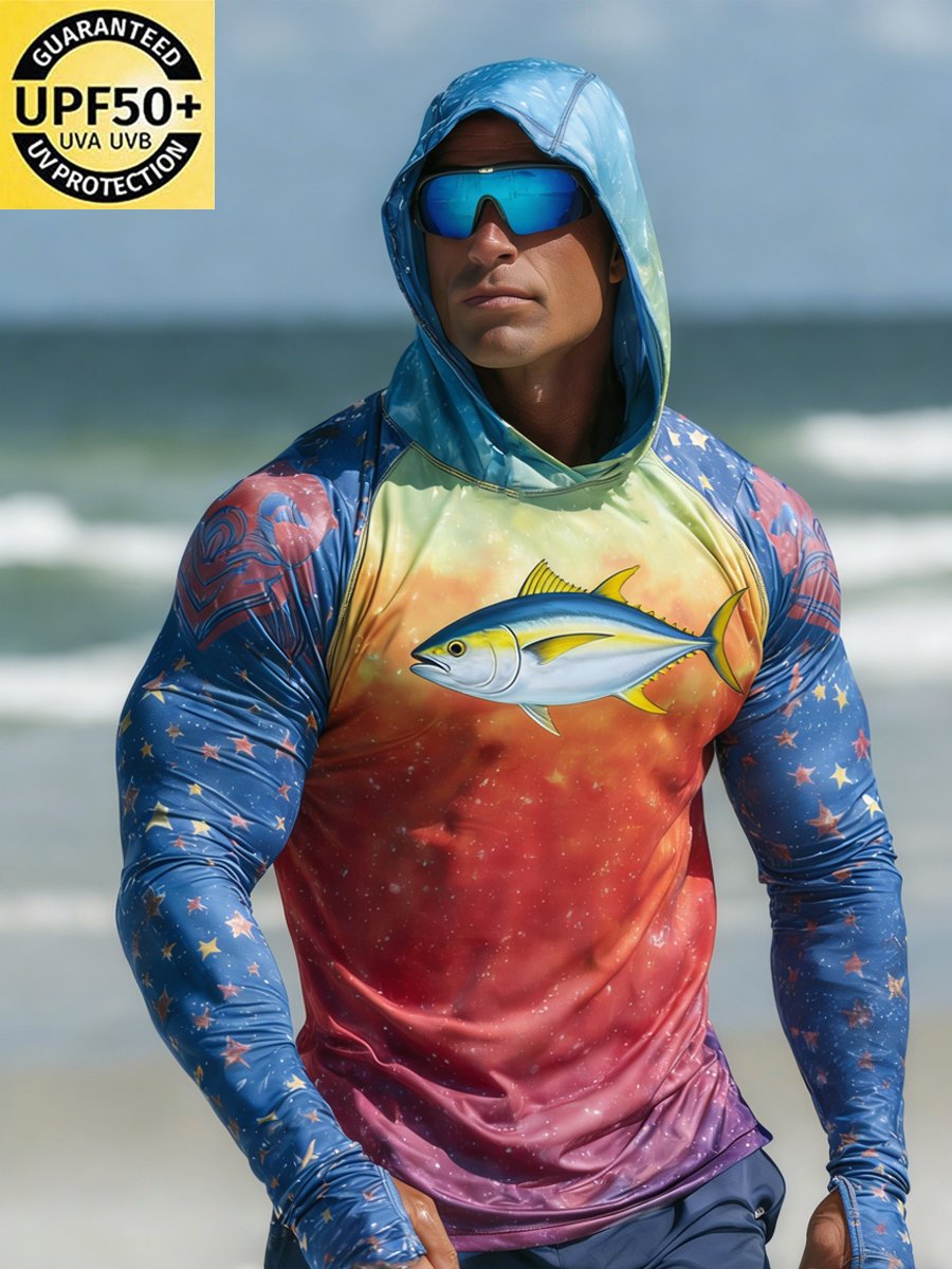 Men's Outdoor Sun Protection Breathable Cool Face Mask Hooded Printed Long-Sleeved Top