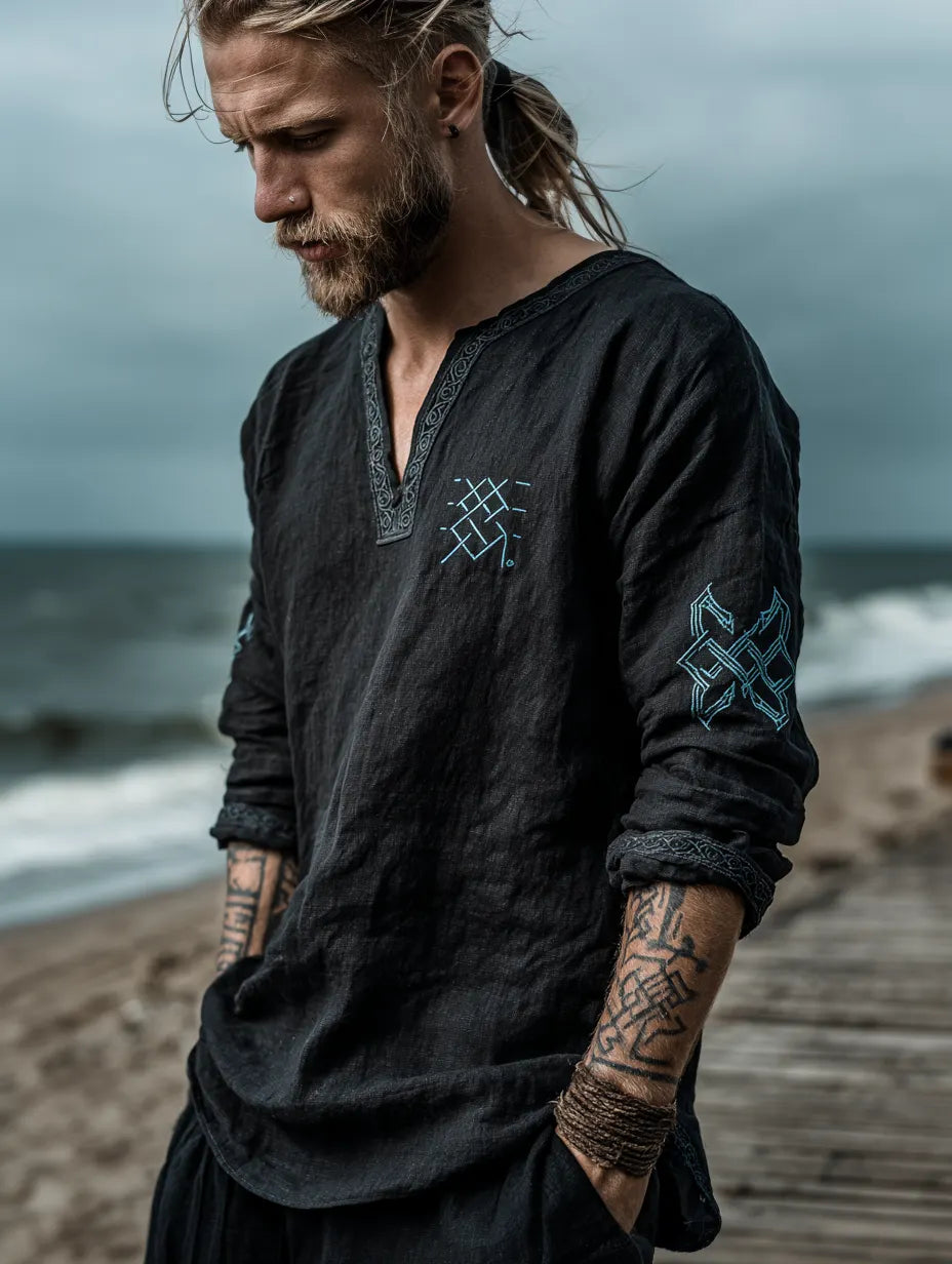 Men's Viking Occult Style Vintage Rune Long-Sleeve Linen T-shirt