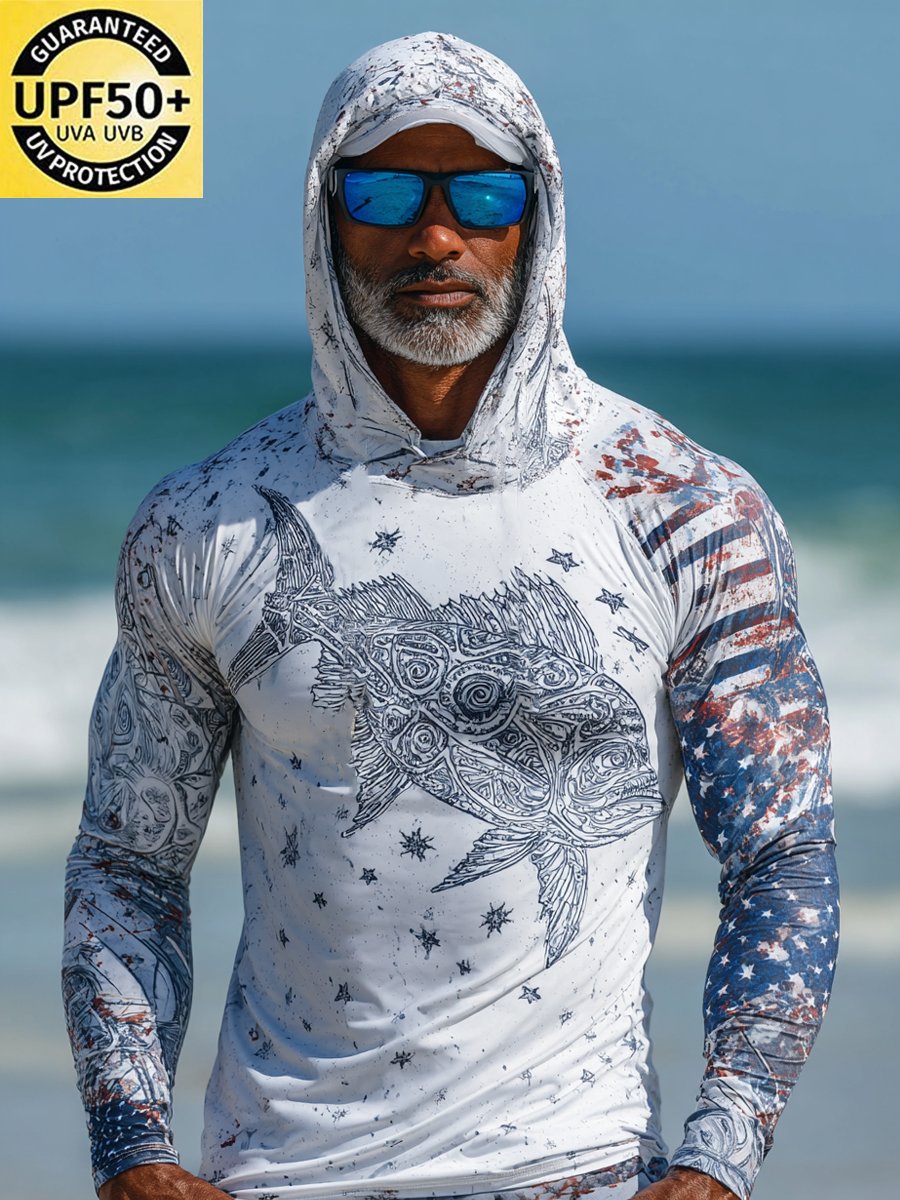 Men's Outdoor Sun Protection Breathable Cool Face Mask Hooded Printed Long-Sleeved Top