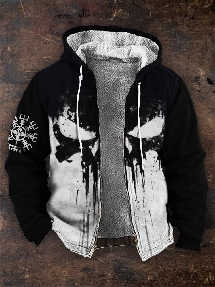 Men's Viking Vegvisir Skull Contrast Cozy Fleece Zip Hoodie