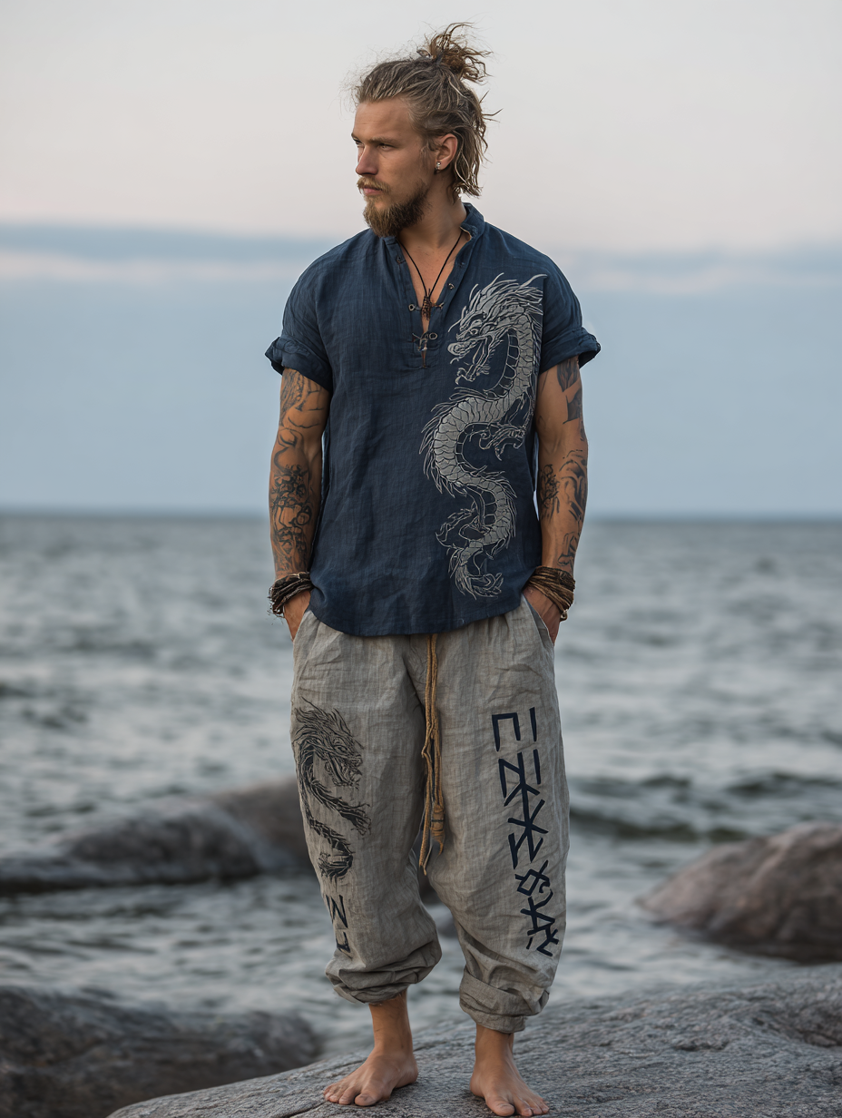 Men's Vintage Viking Retro Distressed Linen Shirt – Dragon & Rune Design