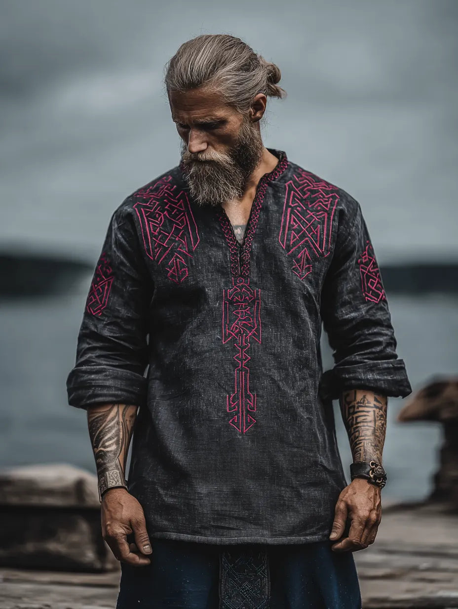 Men's Viking Occult Vintage Long-Sleeve Linen T-shirt