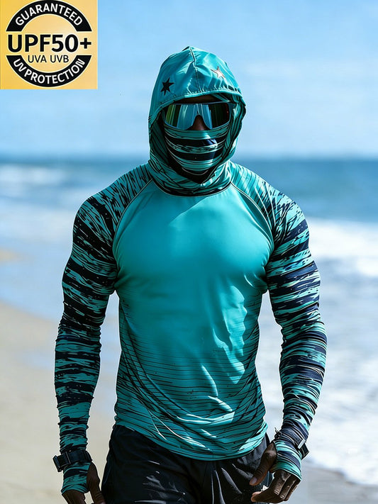 Men's Outdoor Sun Protection Breathable Cool Face Mask Hooded Printed Long-Sleeved Top