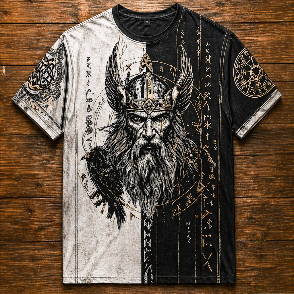 Men's Norse Mythology T-Shirt - Two-Tone Viking God Raven Graphic Short Sleeve
