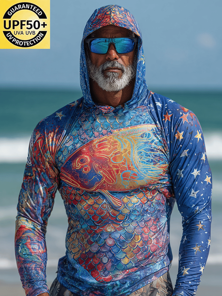 Men's Outdoor Sun Protection Breathable Cool Face Mask Hooded Printed Long-Sleeved Top