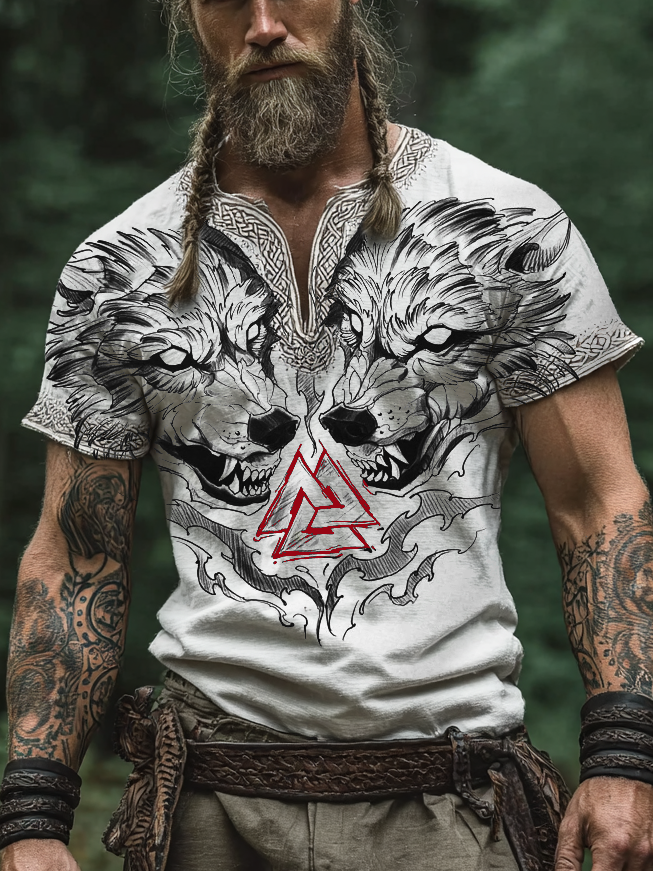 Men's Viking Nordic Fenrir Wolf Blood Rune Totem Retro Shirt