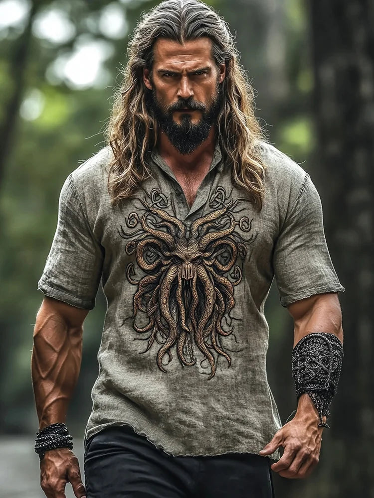 Men's Viking Tree Of Life Tribal Cthulhu Art Linen T-shirt