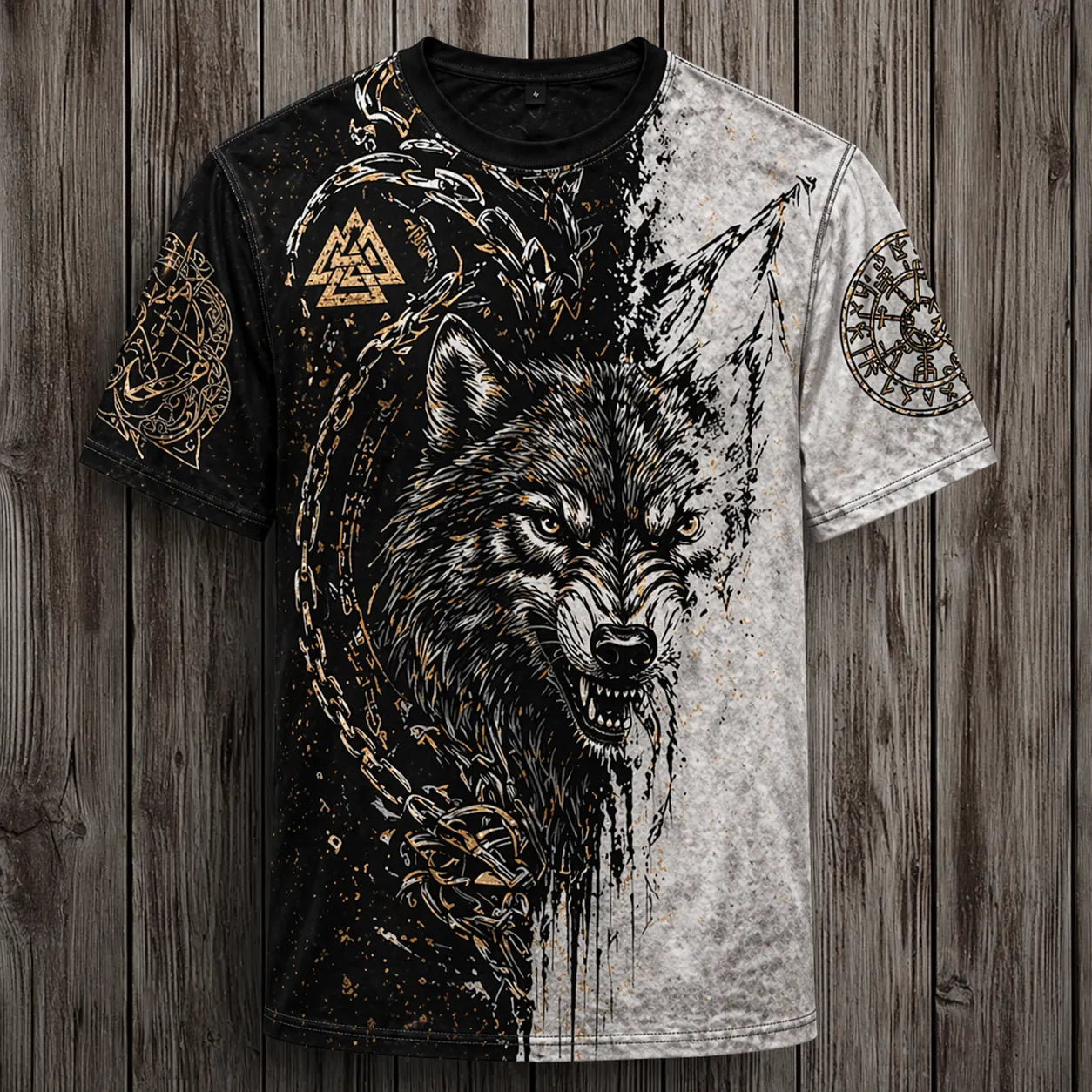 Unisex Fierce Wolf Graphic T-Shirt - Split Black & Grey Norse Print Short Sleeve Tee