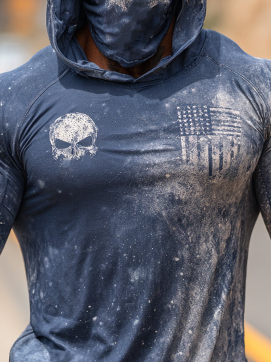 Men's Retro Flag Outdoor Sun Protection Breathable Cooling Mask Hooded Sun Protection Long Sleeve Top