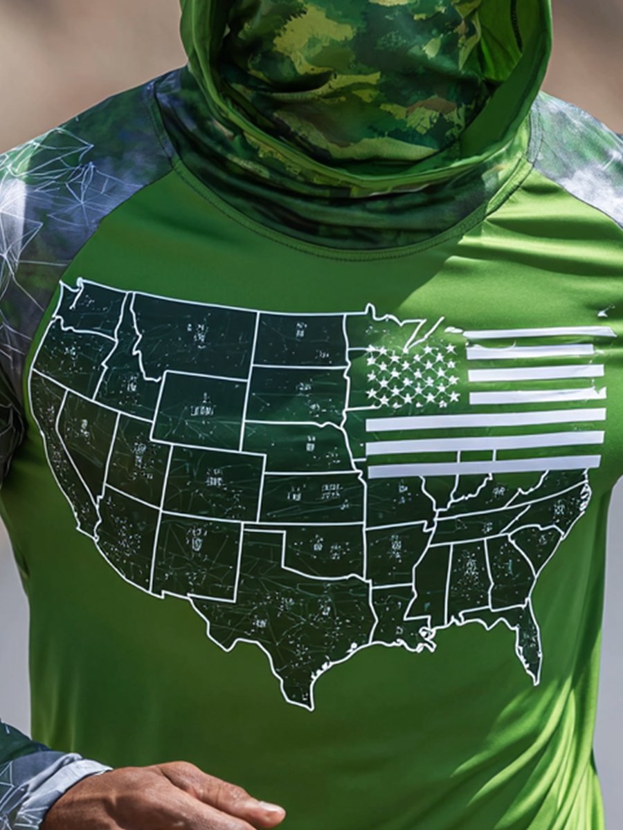 Men's Outdoor Sun Protection Breathable Cool Face Mask Hooded Printed Long-Sleeved Top
