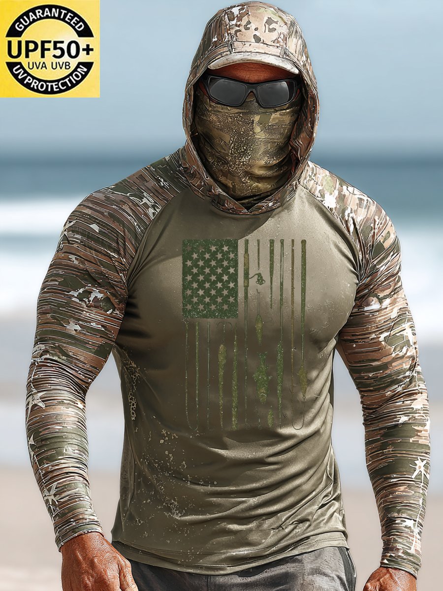 Men's Outdoor Sun Protection Breathable Cool Face Mask Hooded Printed Long-Sleeved Top