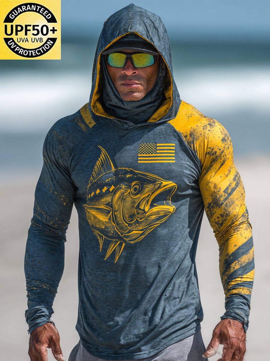 Men's Outdoor Sun Protection Breathable Cool Face Mask Hooded Printed Long-Sleeved Top