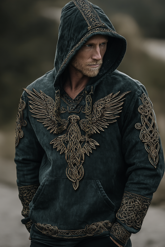 Viking Style Inspired Raven Golden Rune 3D Printed Unisex Casual Hoodie