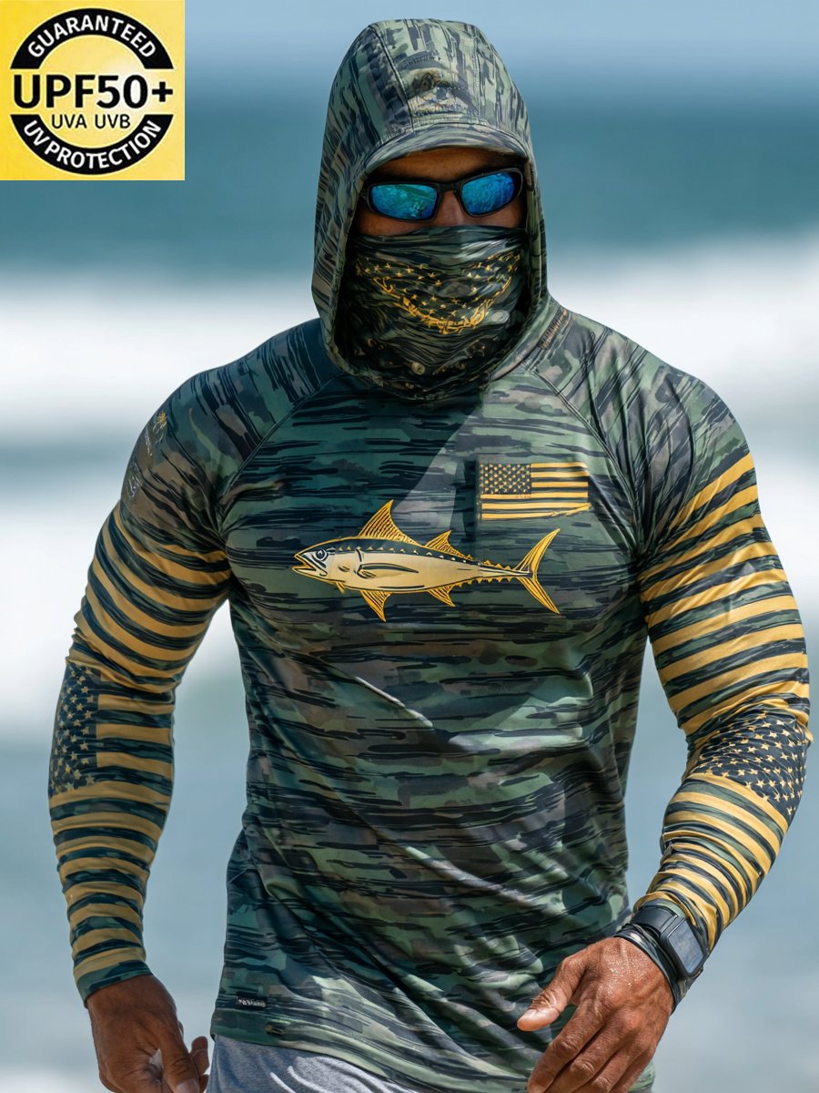 Men's Outdoor Sun Protection Breathable Cool Face Mask Hooded Printed Long-Sleeved Top