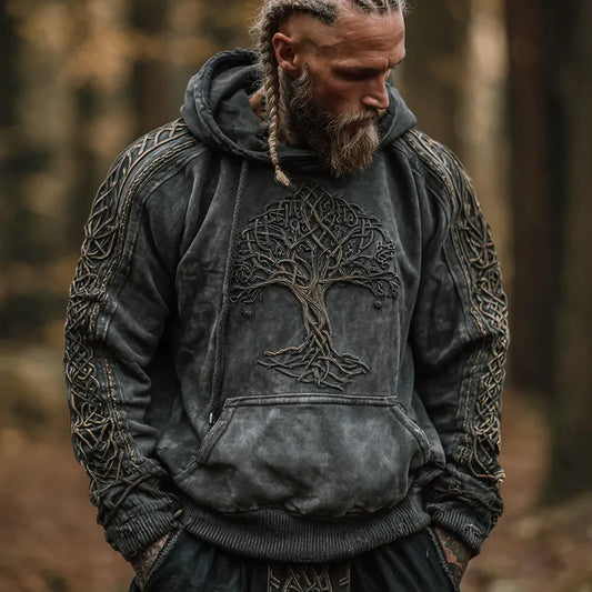 Nordic Viking Inspired Yggdrasill Retro Print Casual Long-Sleeve Hoodie