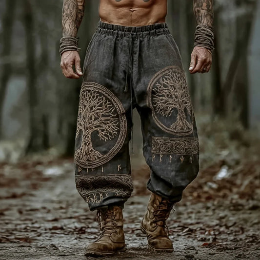 Classic Rune & Celtic Knot Printed Viking Yggdrasil Minimalist Cotton-Linen Pants