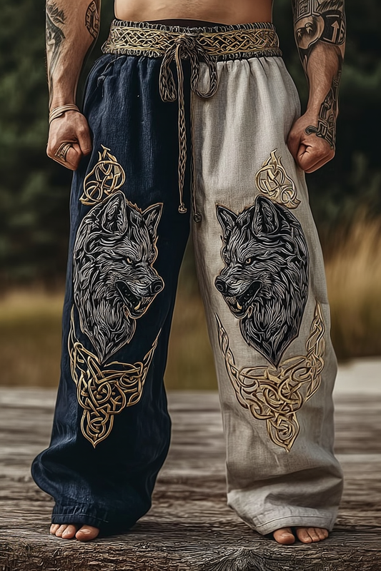 Men's Viking Nordic Rune Wolf Head Totem Two-Tone Knot Sports Pants