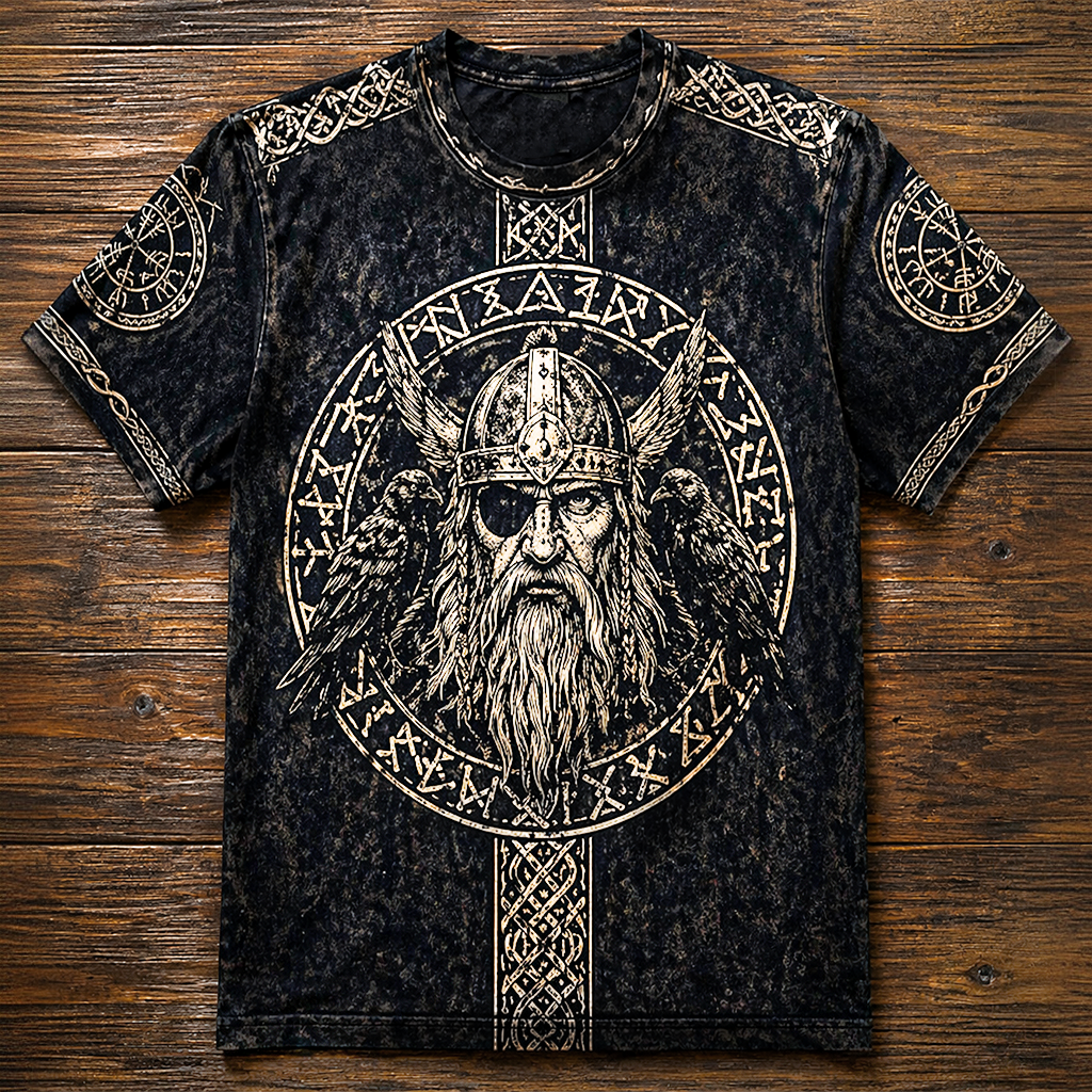 Unisex Viking Mythology Graphic T-Shirt - Distressed Black Gold Short Sleeve Crew Neck Tee