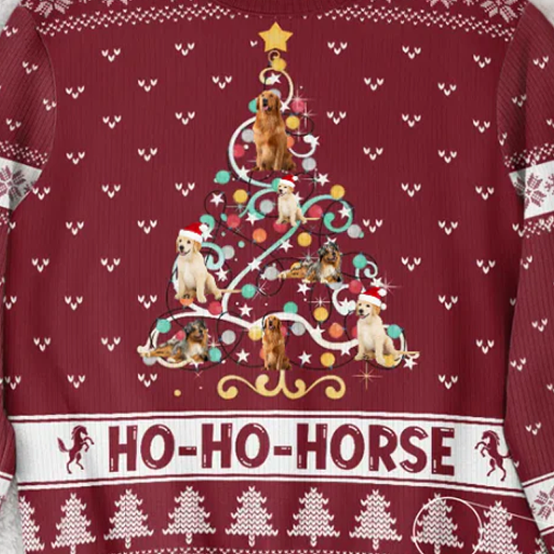 Custom Photo Ho Ho Horse Funny Christmas Tree - Christmas Gift For Pet Lovers Personalized Ugly Sweater