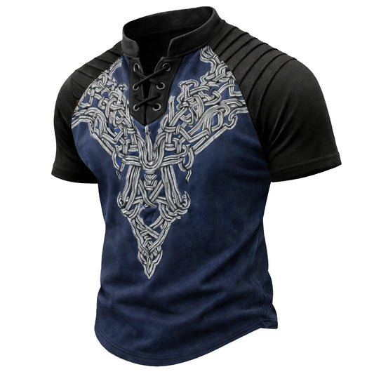 Men's Vintage Celtic Knot Print Short Sleeve Shirt - Lace-Up V-Neck & Pleated Shoulder Top